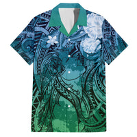 Pacific Beauty Girl Family Matching Off The Shoulder Long Sleeve Dress and Hawaiian Shirt Blue Polyneisan Tribal Vintage Motif