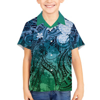 Pacific Beauty Girl Family Matching Off The Shoulder Long Sleeve Dress and Hawaiian Shirt Blue Polyneisan Tribal Vintage Motif