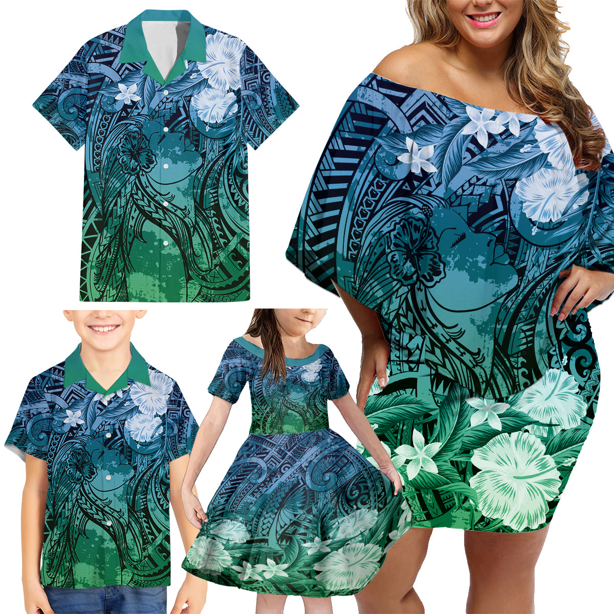 Pacific Beauty Girl Family Matching Off Shoulder Short Dress and Hawaiian Shirt Blue Polyneisan Tribal Vintage Motif