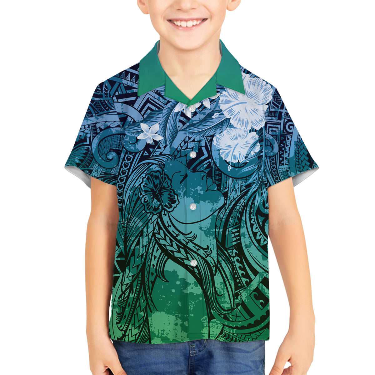 Pacific Beauty Girl Family Matching Off Shoulder Short Dress and Hawaiian Shirt Blue Polyneisan Tribal Vintage Motif