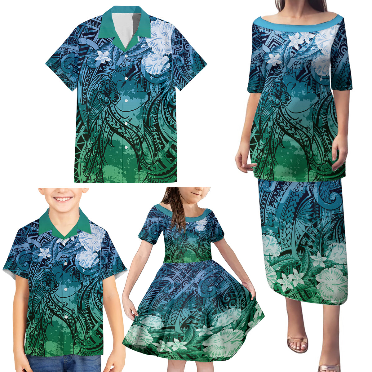Pacific Beauty Girl Family Matching Puletasi and Hawaiian Shirt Blue Polyneisan Tribal Vintage Motif