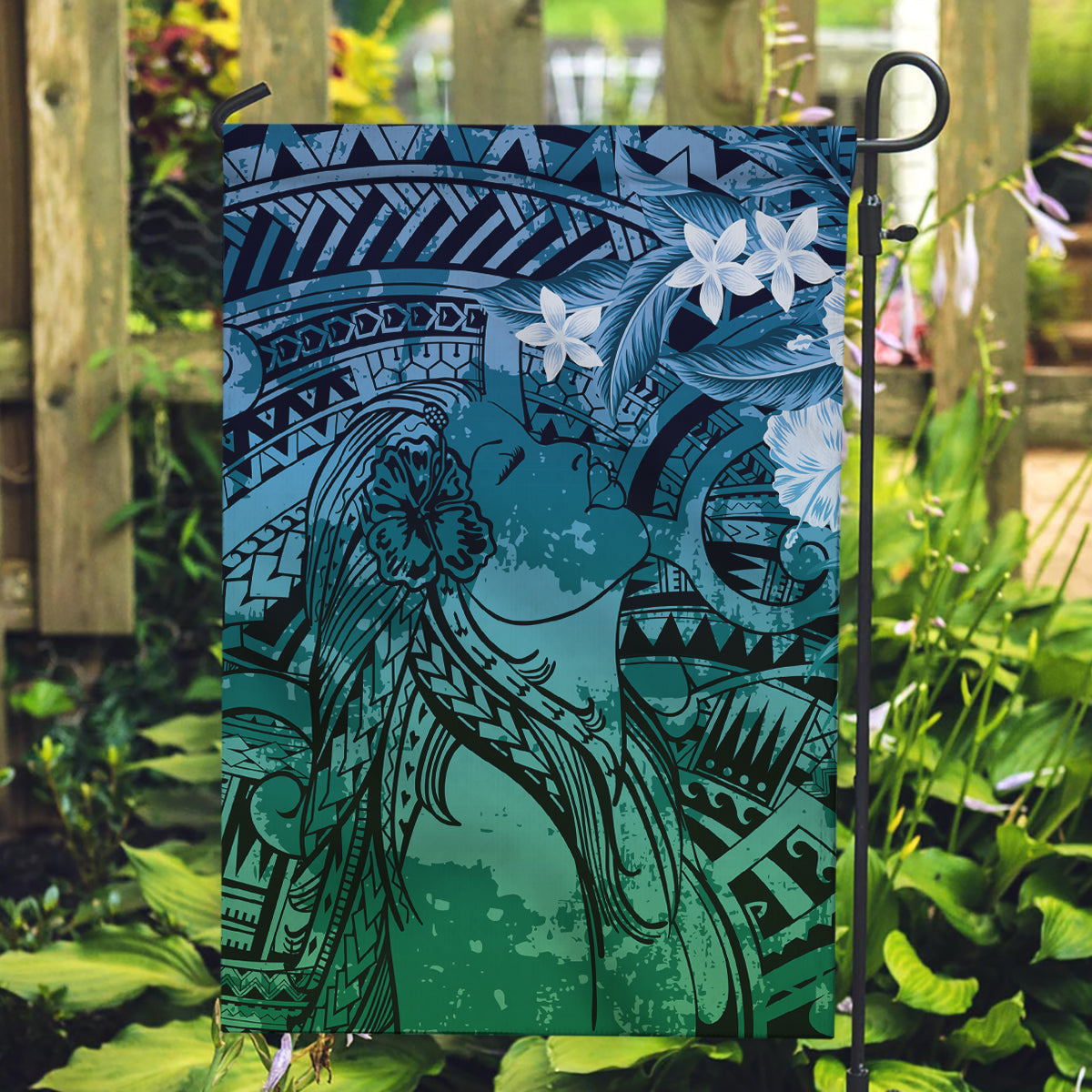Pacific Beauty Girl Garden Flag Blue Polyneisan Tribal Vintage Motif