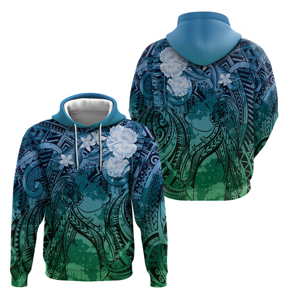 Custom Oahu Hawaii Hoodie Polynesian Tattoo and Pacific Plumeria Blue Vibe LT9 main image 1