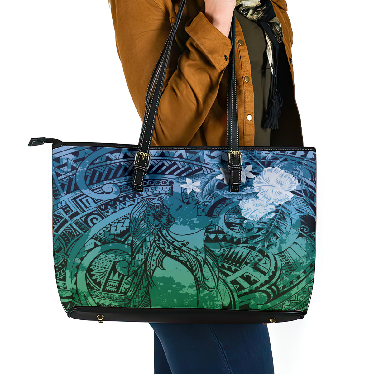 Pacific Beauty Girl Leather Tote Bag Blue Polyneisan Tribal Vintage Motif LT9 - Polynesian Pride