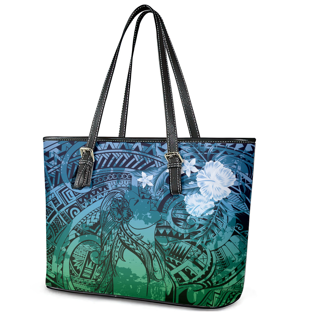 Pacific Beauty Girl Leather Tote Bag Blue Polyneisan Tribal Vintage Motif LT9 - Polynesian Pride