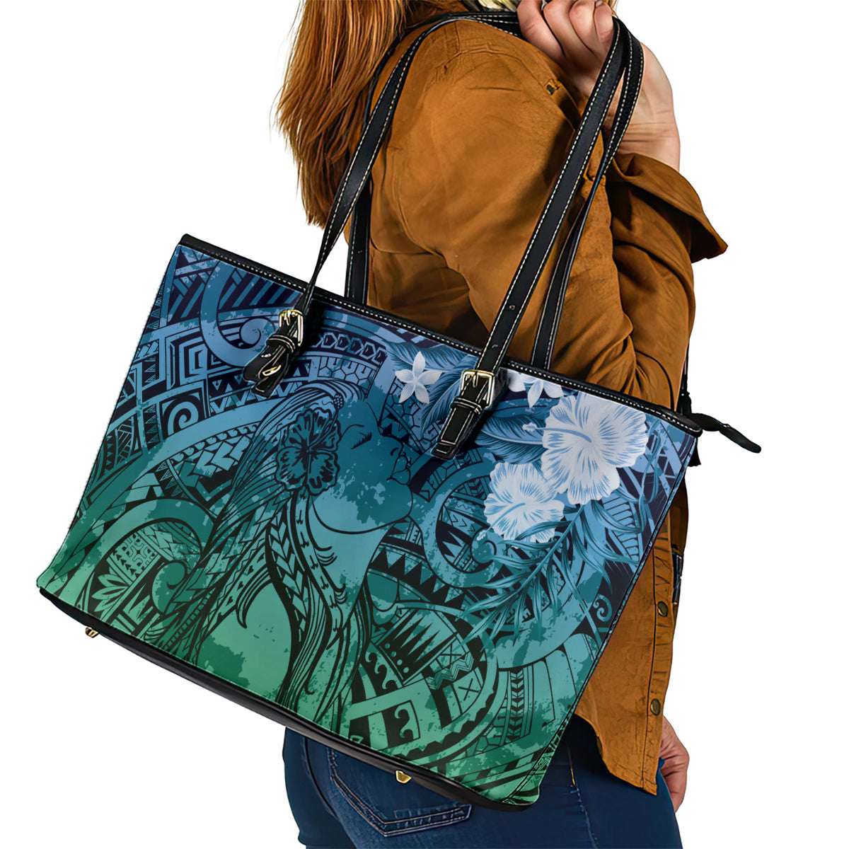 Pacific Beauty Girl Leather Tote Bag Blue Polyneisan Tribal Vintage Motif LT9 - Polynesian Pride