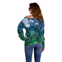 Pacific Beauty Girl Off Shoulder Sweater Blue Polyneisan Tribal Vintage Motif