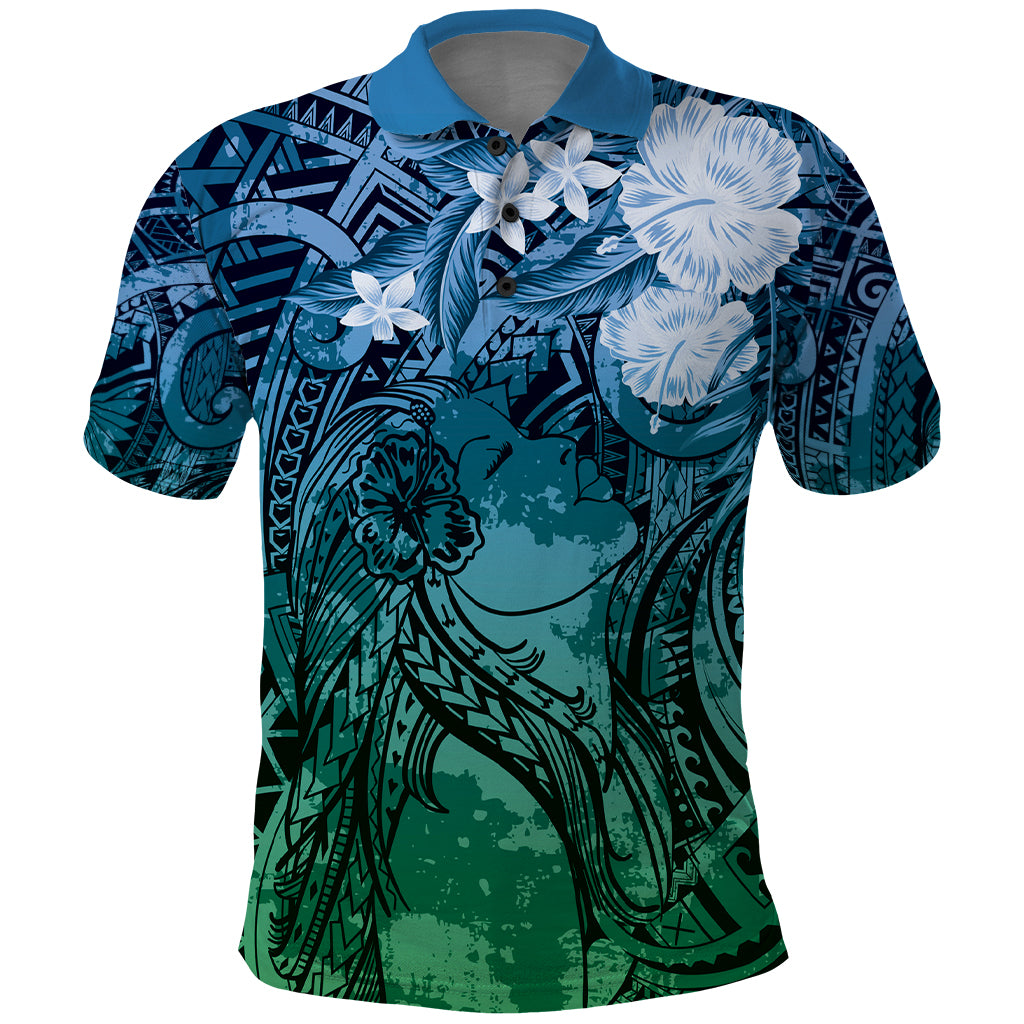 Pacific Beauty Girl Polo Shirt Blue Polyneisan Tribal Vintage Motif