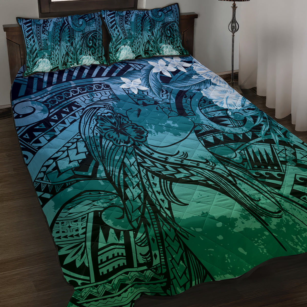 Pacific Beauty Girl Quilt Bed Set Blue Polyneisan Tribal Vintage Motif
