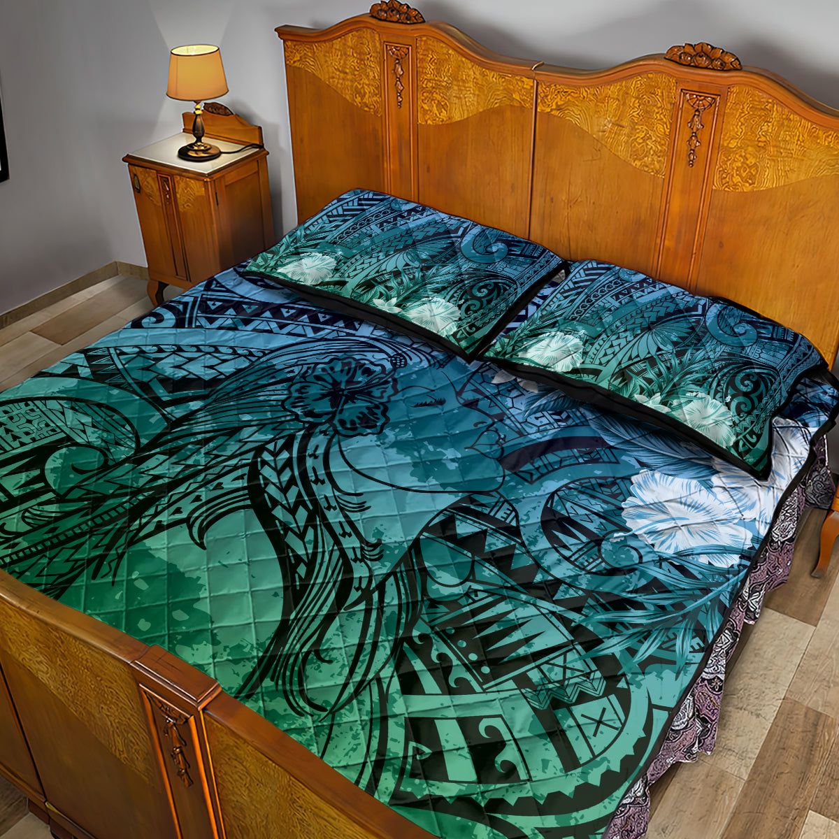 Pacific Beauty Girl Quilt Bed Set Blue Polyneisan Tribal Vintage Motif