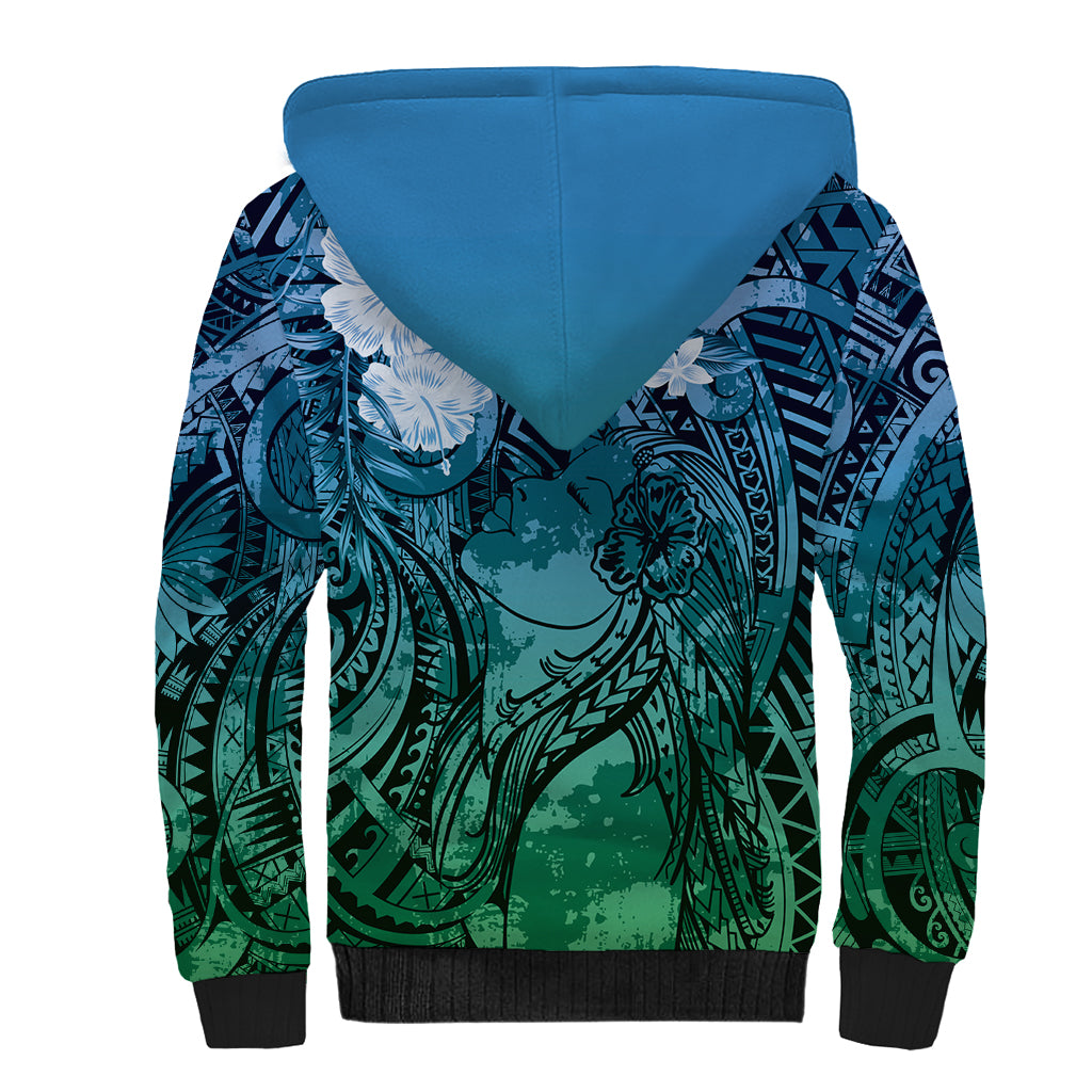 Pacific Beauty Girl Sherpa Hoodie Blue Polyneisan Tribal Vintage Motif