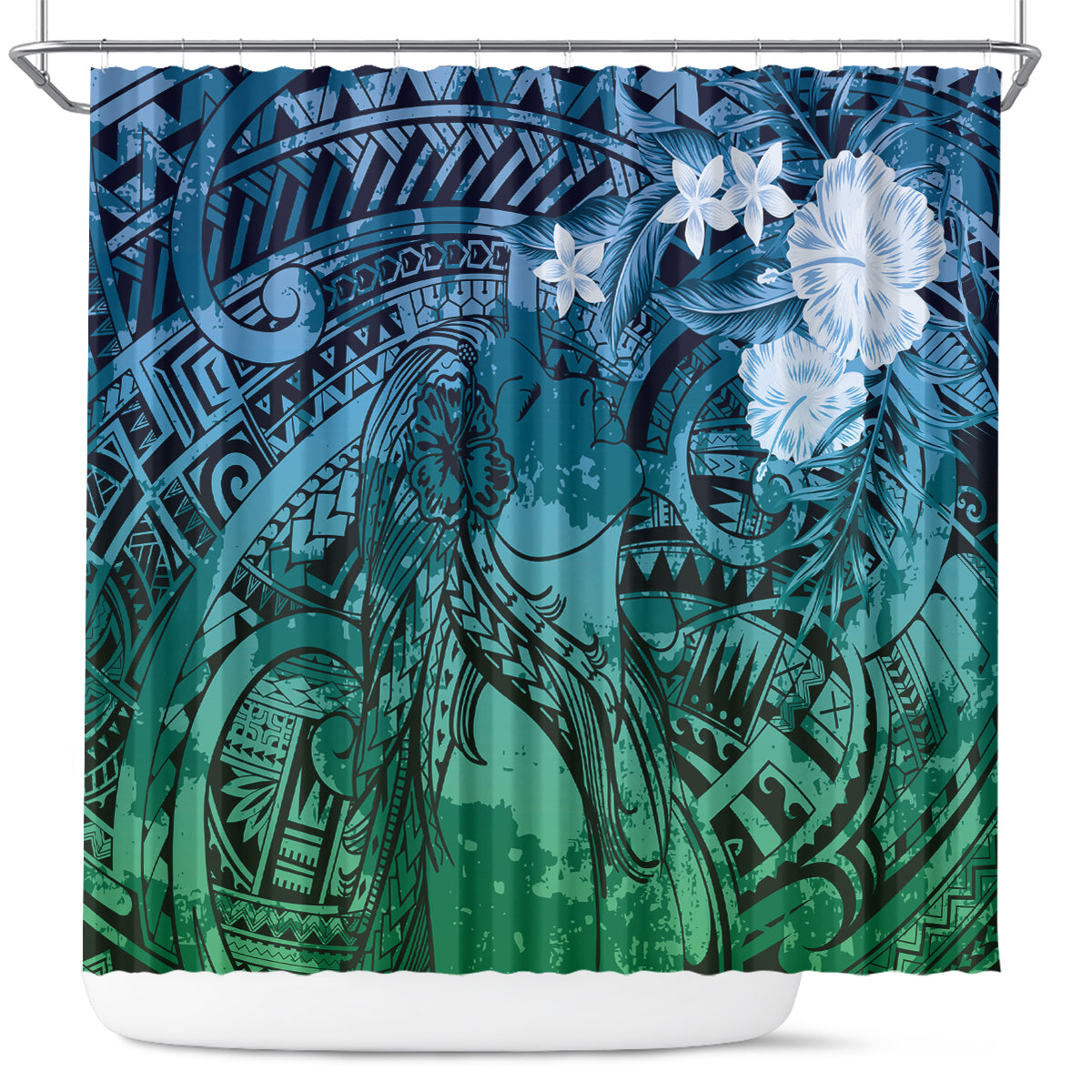Pacific Beauty Girl Shower Curtain Blue Polyneisan Tribal Vintage Motif LT9 Blue - Polynesian Pride
