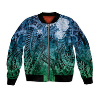 Pacific Beauty Girl Sleeve Zip Bomber Jacket Blue Polyneisan Tribal Vintage Motif