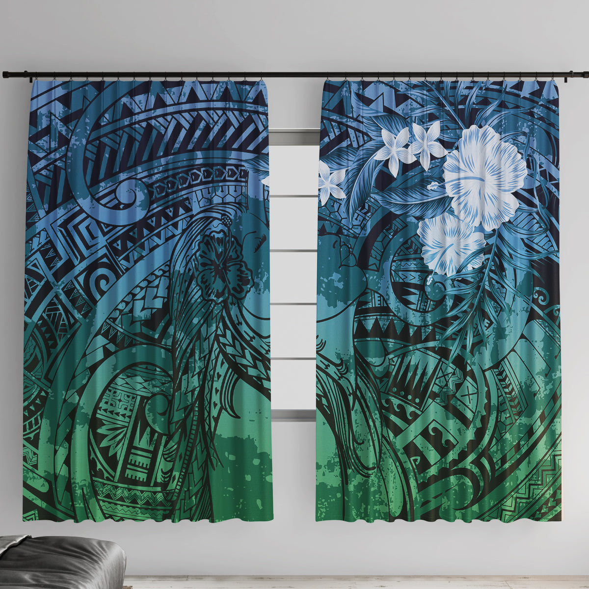 Pacific Beauty Girl Window Curtain Blue Polyneisan Tribal Vintage Motif LT9 With Hooks Blue - Polynesian Pride
