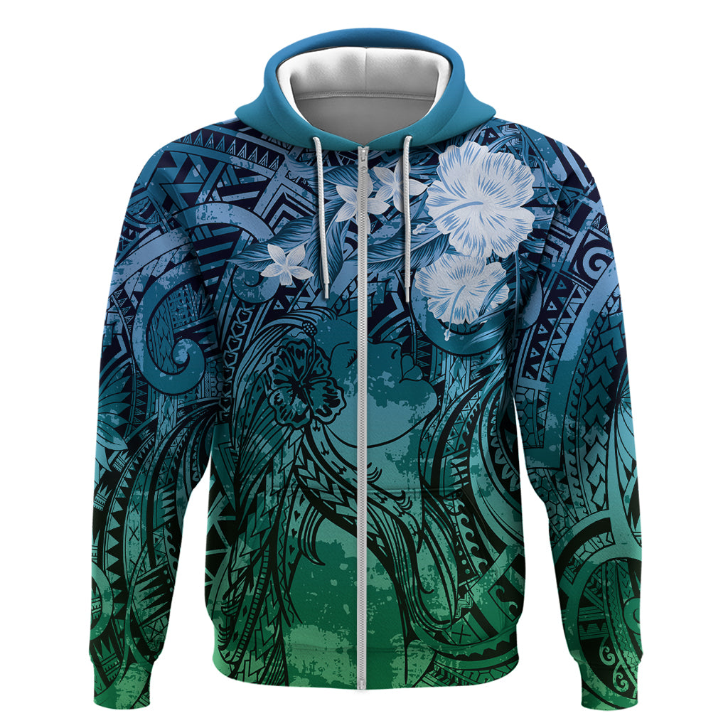 Pacific Beauty Girl Zip Hoodie Blue Polyneisan Tribal Vintage Motif