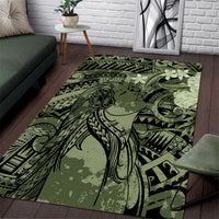 Pacific Beauty Girl Area Rug Green Polyneisan Tribal Vintage Motif