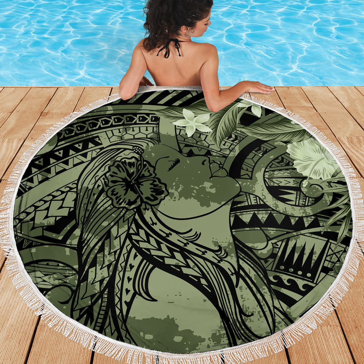 Pacific Beauty Girl Beach Blanket Green Polyneisan Tribal Vintage Motif
