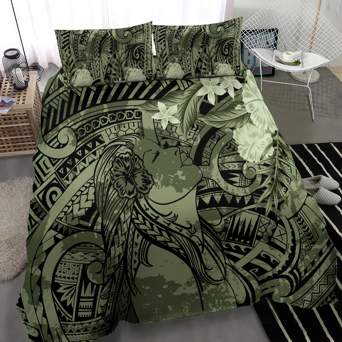 Pacific Beauty Girl Bedding Set Green Polyneisan Tribal Vintage Motif