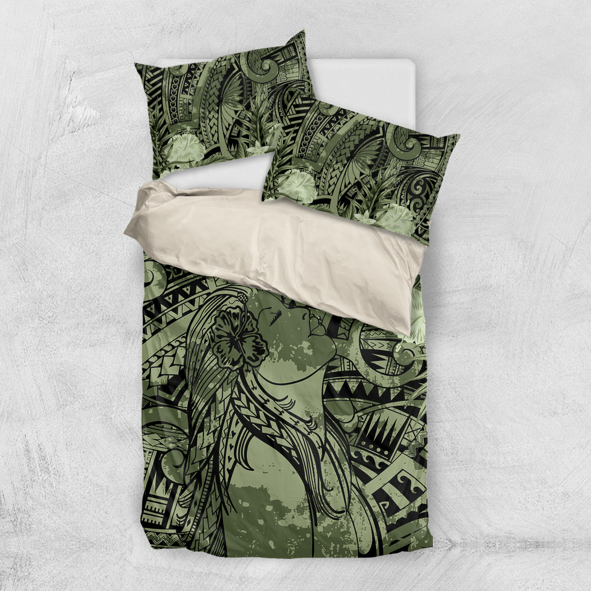 Pacific Beauty Girl Bedding Set Green Polyneisan Tribal Vintage Motif