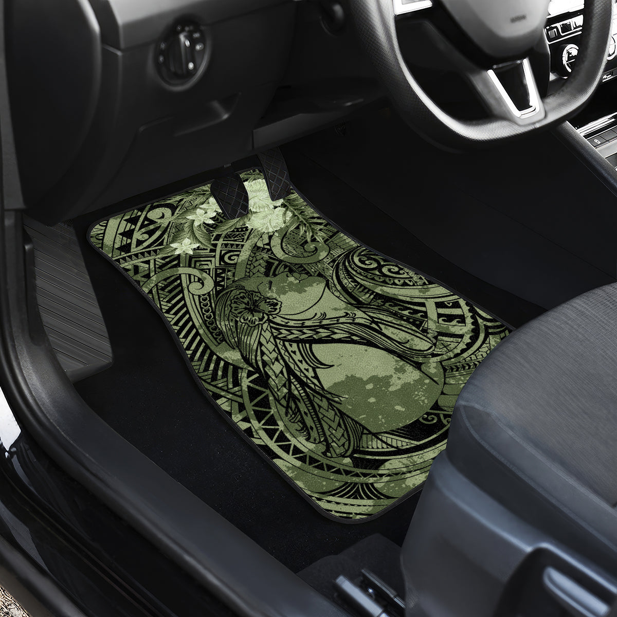 Pacific Beauty Girl Car Mats Green Polyneisan Tribal Vintage Motif