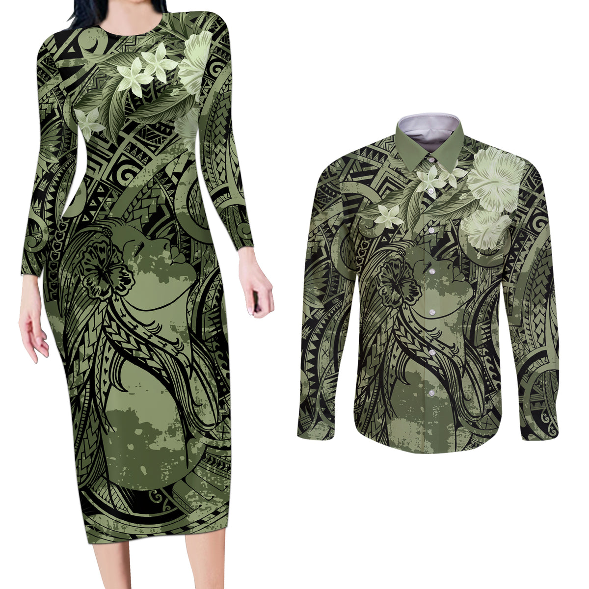 Pacific Beauty Girl Couples Matching Long Sleeve Bodycon Dress and Long Sleeve Button Shirt Green Polyneisan Tribal Vintage Motif