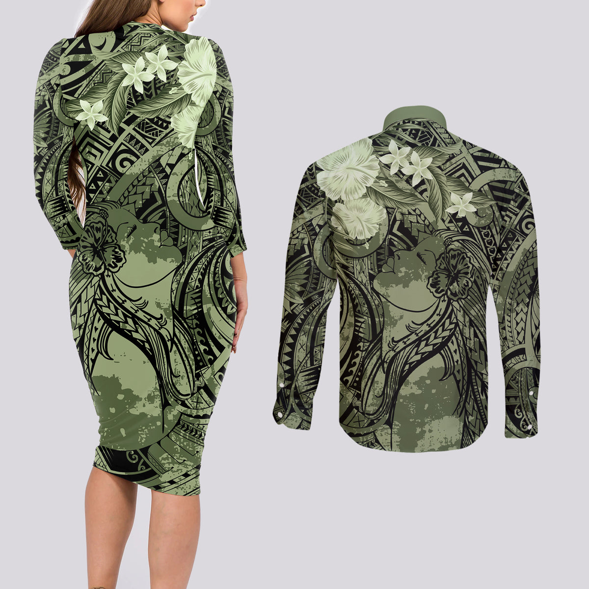 Pacific Beauty Girl Couples Matching Long Sleeve Bodycon Dress and Long Sleeve Button Shirt Green Polyneisan Tribal Vintage Motif