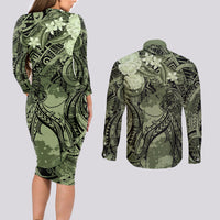 Pacific Beauty Girl Couples Matching Long Sleeve Bodycon Dress and Long Sleeve Button Shirt Green Polyneisan Tribal Vintage Motif