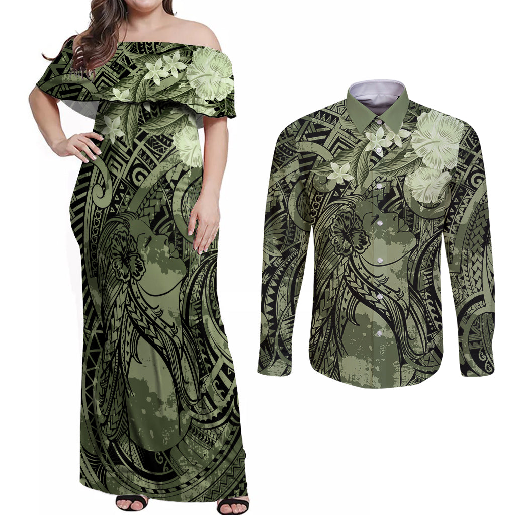 Pacific Beauty Girl Couples Matching Off Shoulder Maxi Dress and Long Sleeve Button Shirt Green Polyneisan Tribal Vintage Motif