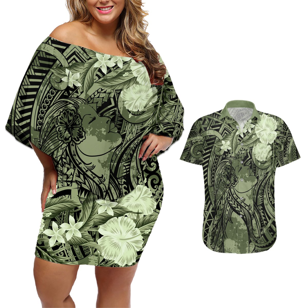 Pacific Beauty Girl Couples Matching Off Shoulder Short Dress and Hawaiian Shirt Green Polyneisan Tribal Vintage Motif