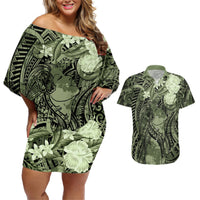 Pacific Beauty Girl Couples Matching Off Shoulder Short Dress and Hawaiian Shirt Green Polyneisan Tribal Vintage Motif