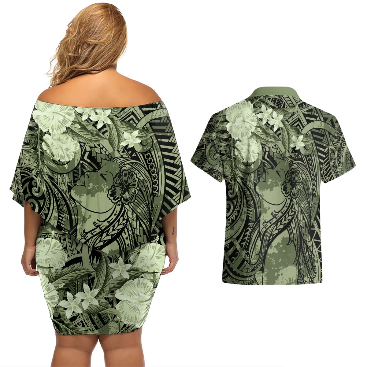 Pacific Beauty Girl Couples Matching Off Shoulder Short Dress and Hawaiian Shirt Green Polyneisan Tribal Vintage Motif