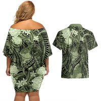 Pacific Beauty Girl Couples Matching Off Shoulder Short Dress and Hawaiian Shirt Green Polyneisan Tribal Vintage Motif