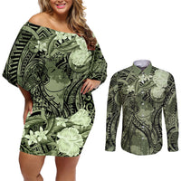 Pacific Beauty Girl Couples Matching Off Shoulder Short Dress and Long Sleeve Button Shirt Green Polyneisan Tribal Vintage Motif