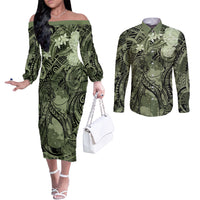 Pacific Beauty Girl Couples Matching Off The Shoulder Long Sleeve Dress and Long Sleeve Button Shirt Green Polyneisan Tribal Vintage Motif