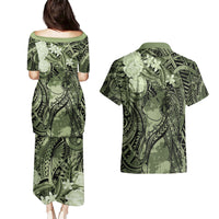 Pacific Beauty Girl Couples Matching Puletasi and Hawaiian Shirt Green Polyneisan Tribal Vintage Motif