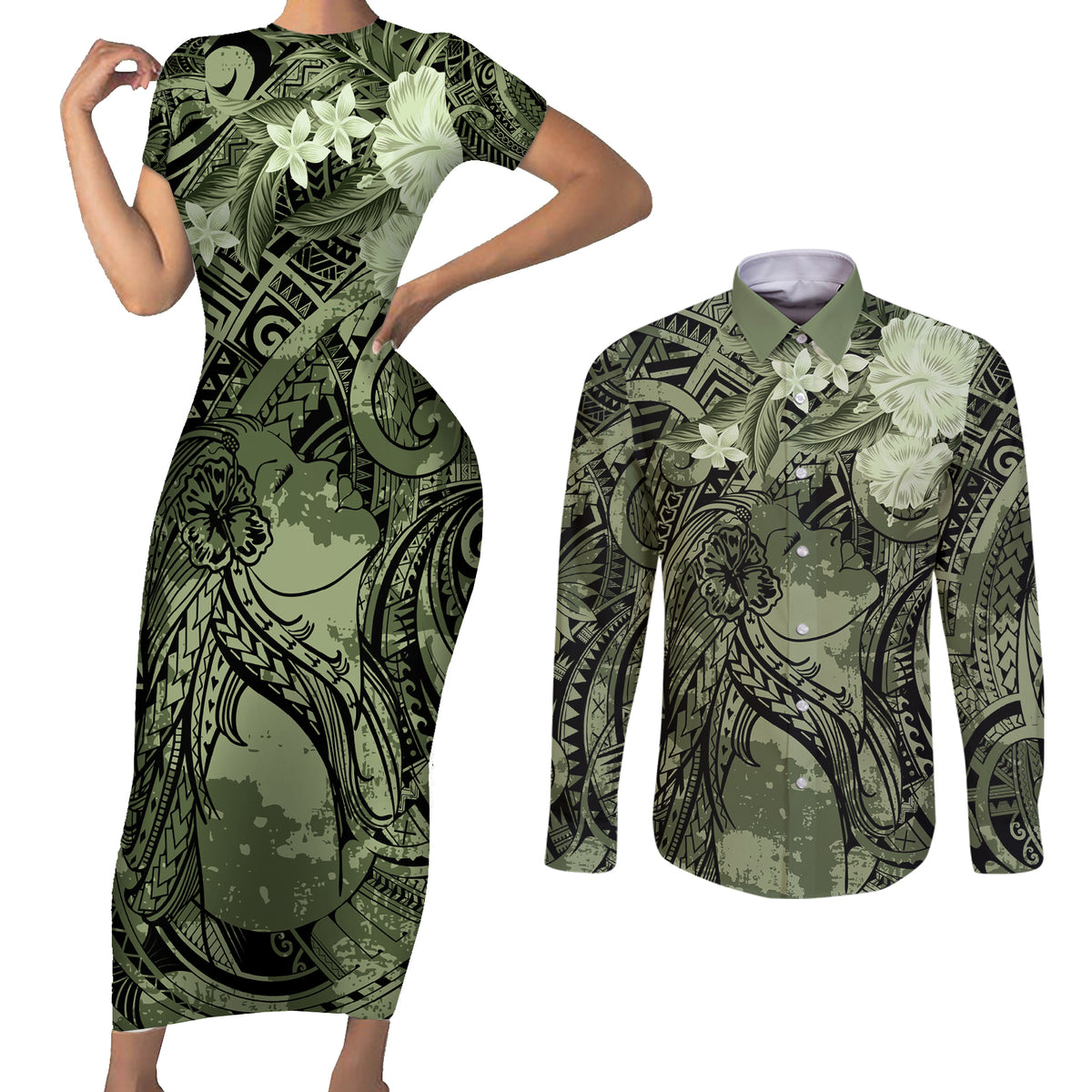 Pacific Beauty Girl Couples Matching Short Sleeve Bodycon Dress and Long Sleeve Button Shirt Green Polyneisan Tribal Vintage Motif