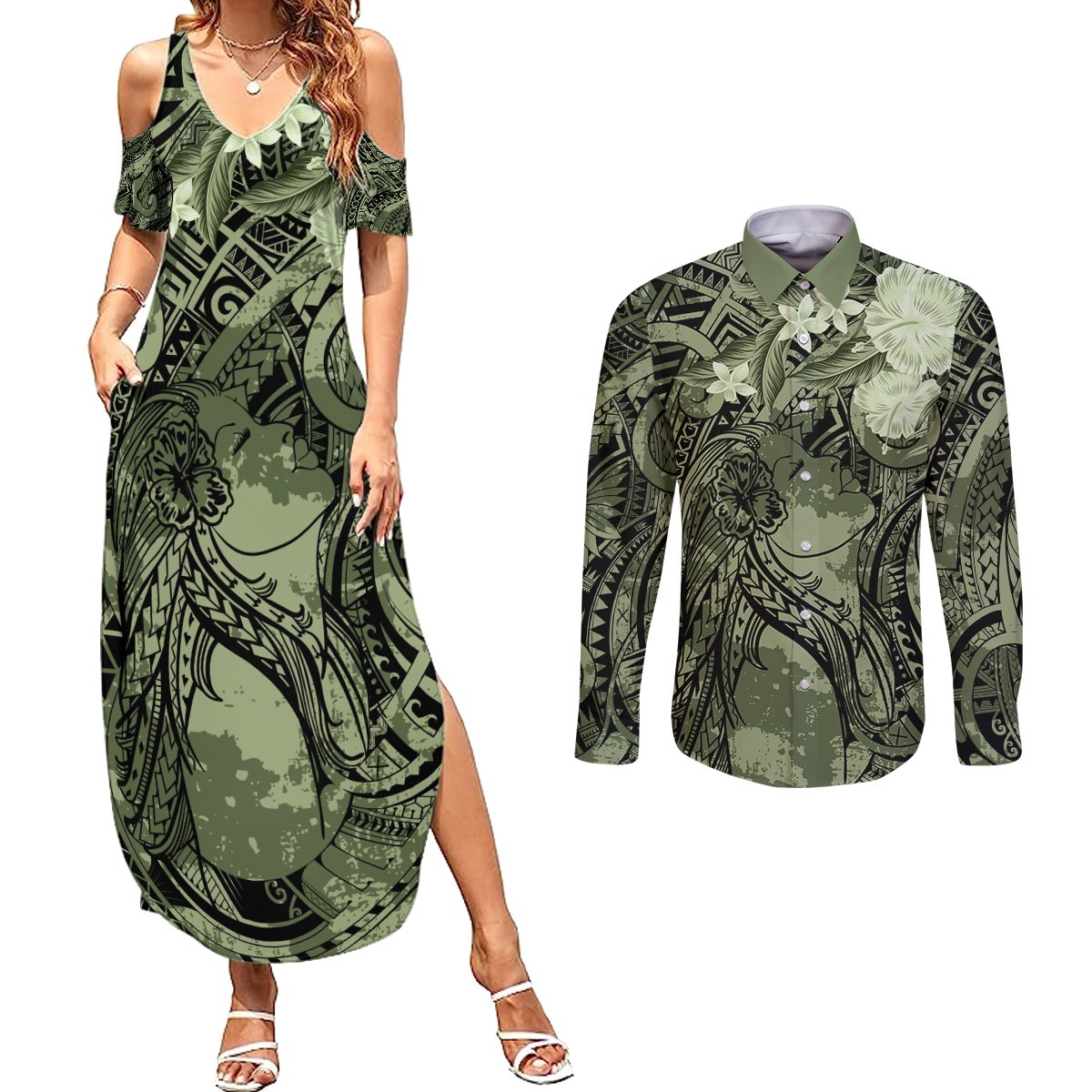 Pacific Beauty Girl Couples Matching Summer Maxi Dress and Long Sleeve Button Shirt Green Polyneisan Tribal Vintage Motif