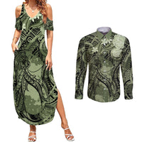 Pacific Beauty Girl Couples Matching Summer Maxi Dress and Long Sleeve Button Shirt Green Polyneisan Tribal Vintage Motif
