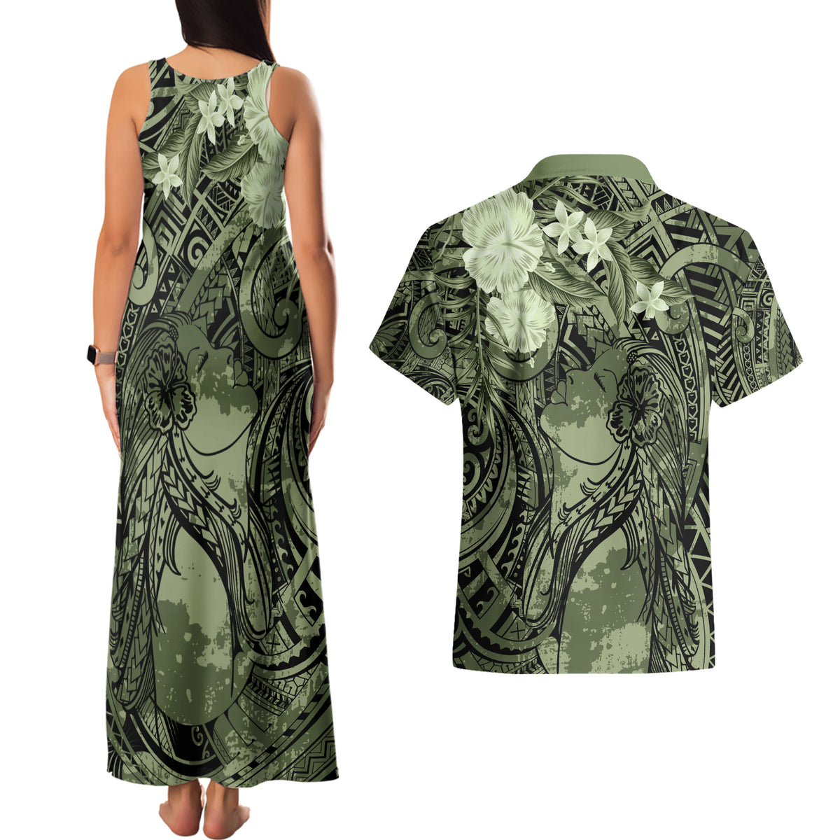 Pacific Beauty Girl Couples Matching Tank Maxi Dress and Hawaiian Shirt Green Polyneisan Tribal Vintage Motif