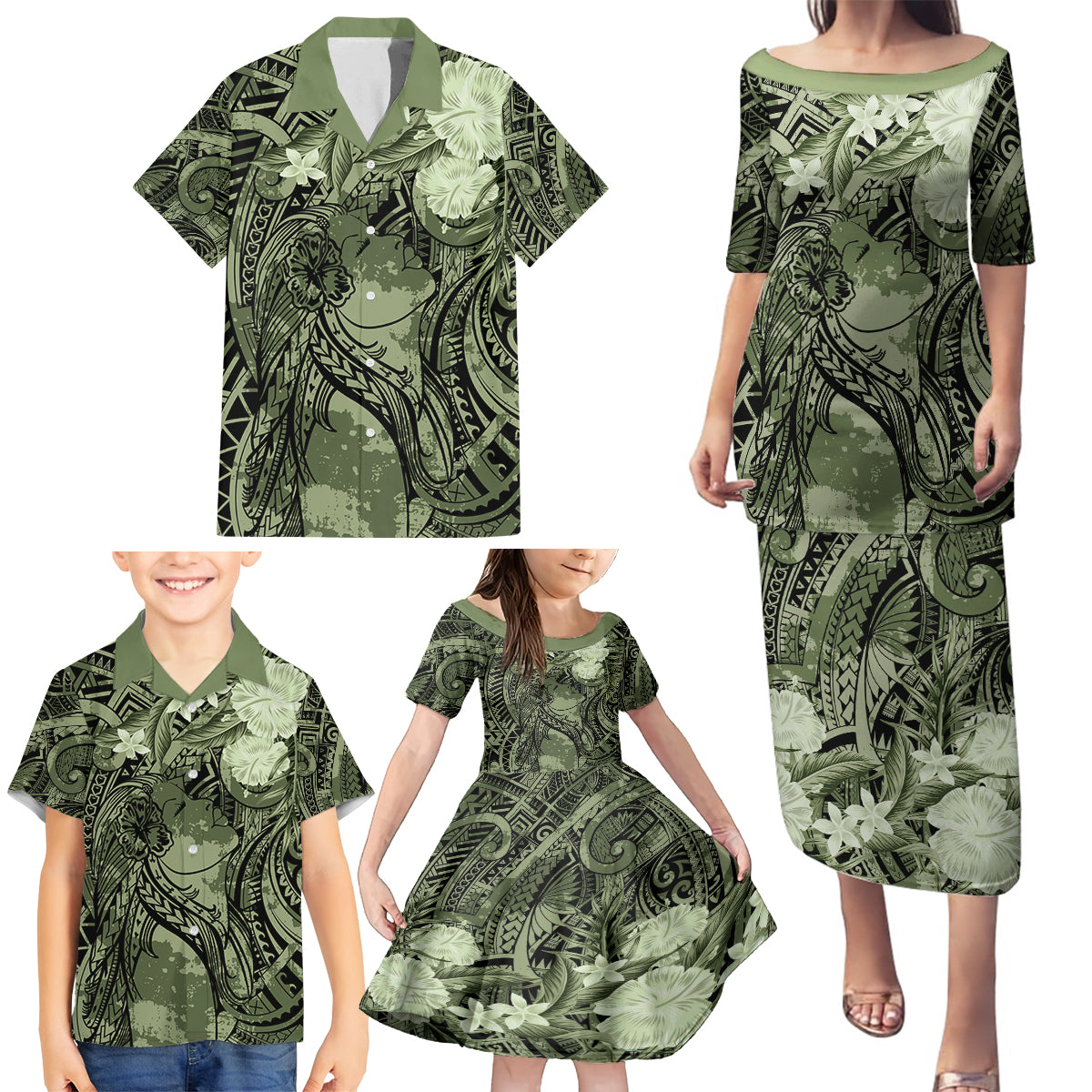 Pacific Beauty Girl Family Matching Puletasi and Hawaiian Shirt Green Polyneisan Tribal Vintage Motif
