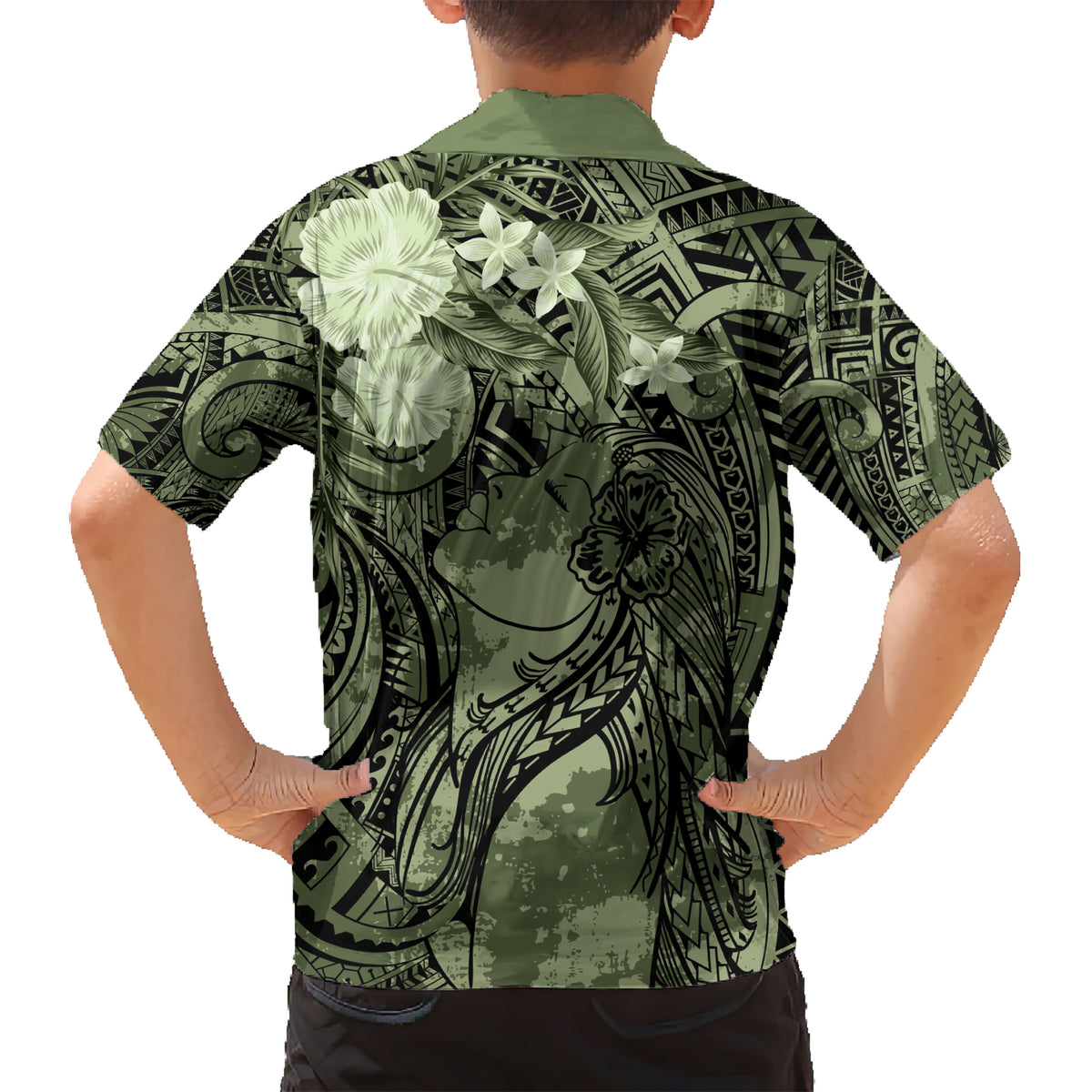 Pacific Beauty Girl Kid Hawaiian Shirt Green Polyneisan Tribal Vintage Motif
