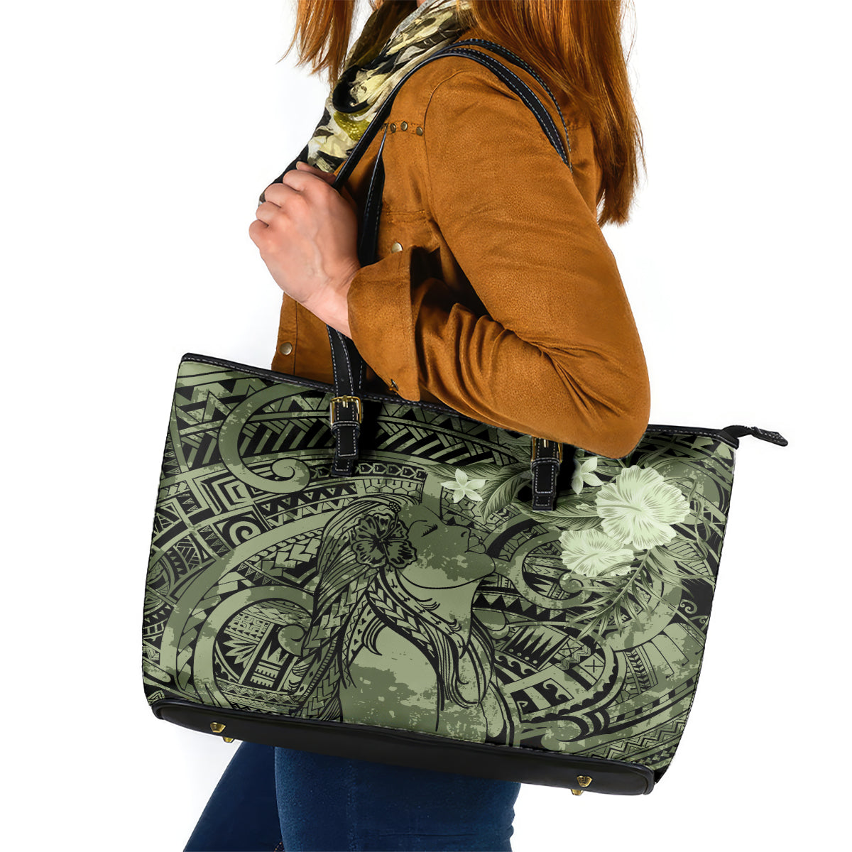 Pacific Beauty Girl Leather Tote Bag Green Polyneisan Tribal Vintage Motif LT9 Green - Polynesian Pride