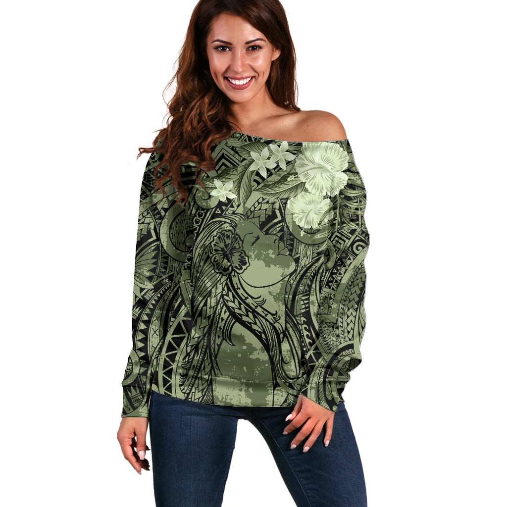 Pacific Beauty Girl Off Shoulder Sweater Green Polyneisan Tribal Vintage Motif