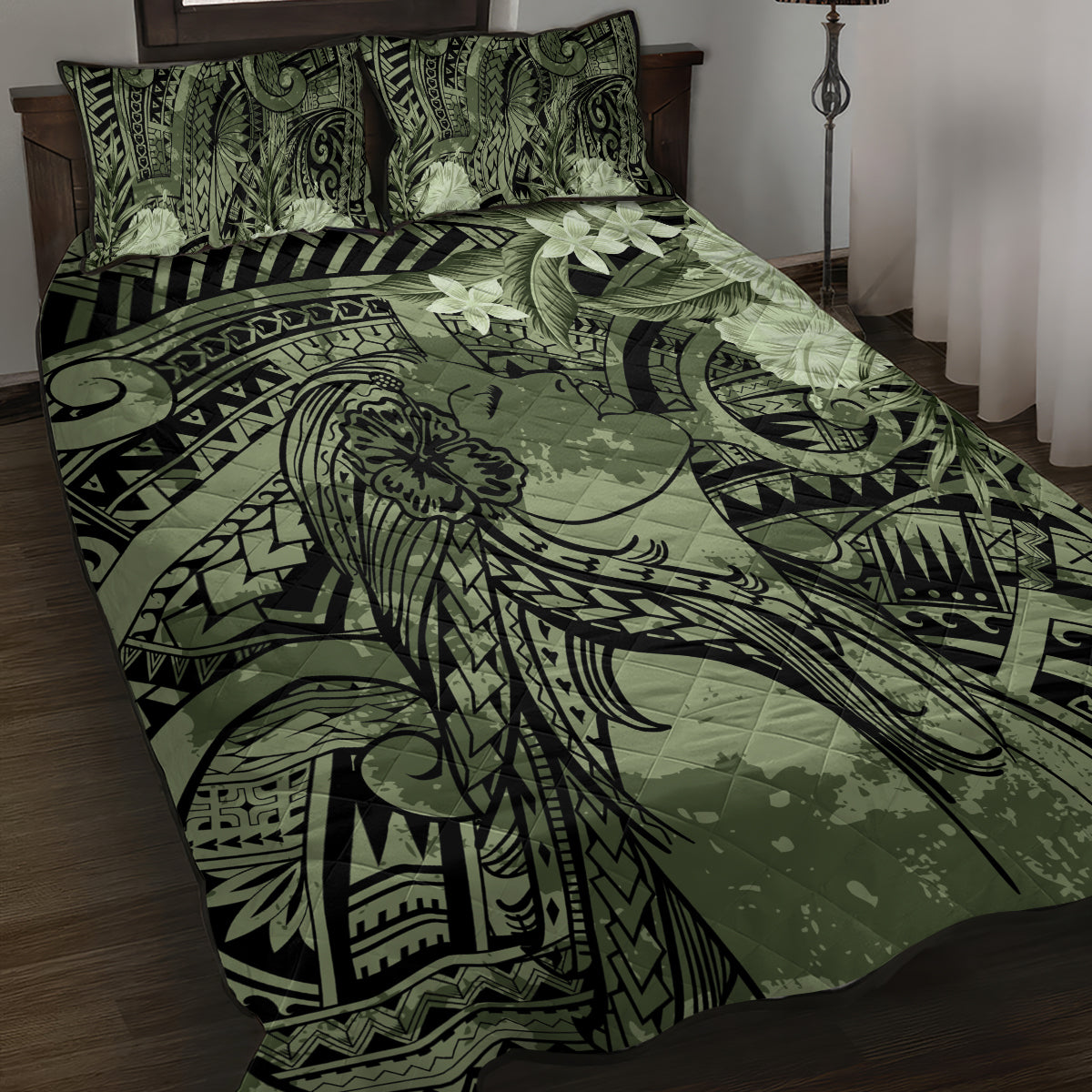 Pacific Beauty Girl Quilt Bed Set Green Polyneisan Tribal Vintage Motif