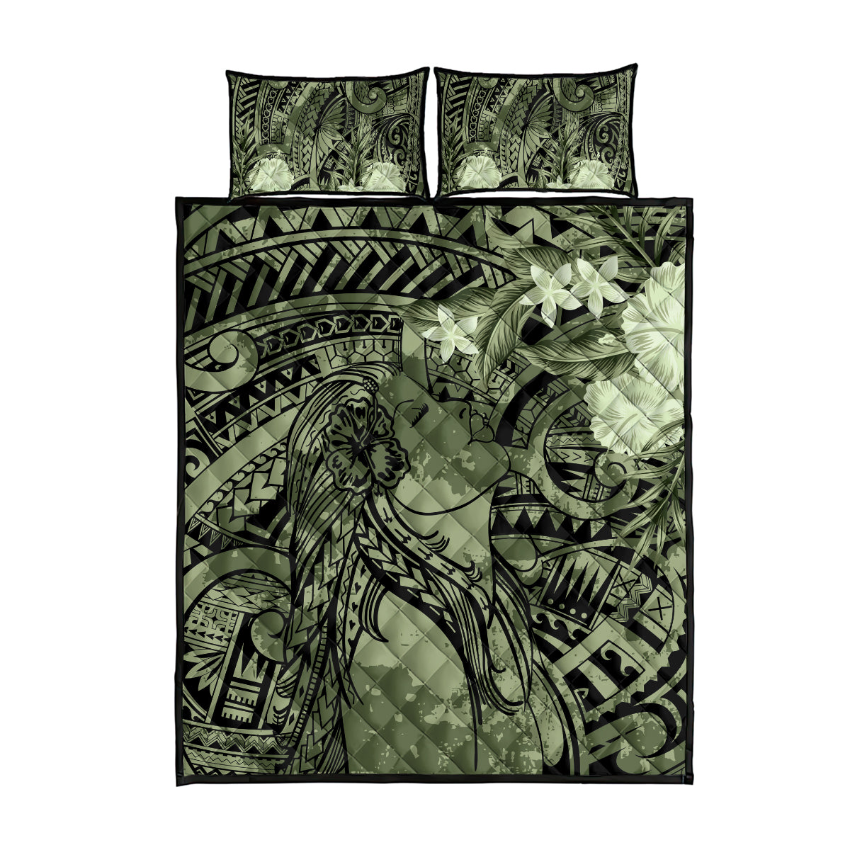 Pacific Beauty Girl Quilt Bed Set Green Polyneisan Tribal Vintage Motif