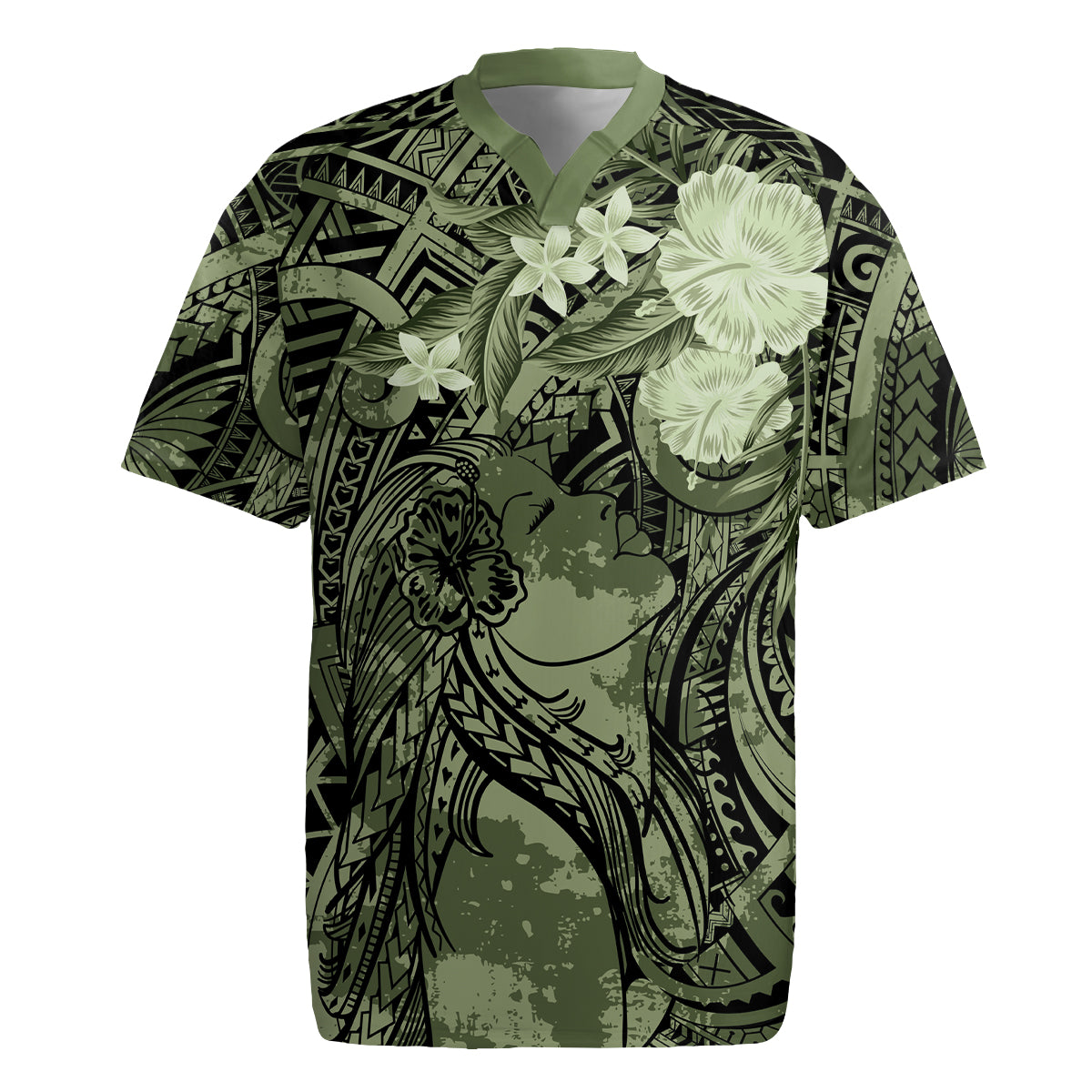 Pacific Beauty Girl Rugby Jersey Green Polyneisan Tribal Vintage Motif