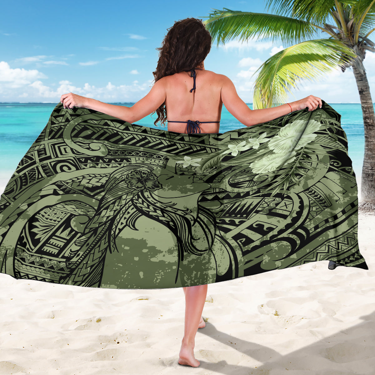 Pacific Beauty Girl Sarong Green Polyneisan Tribal Vintage Motif