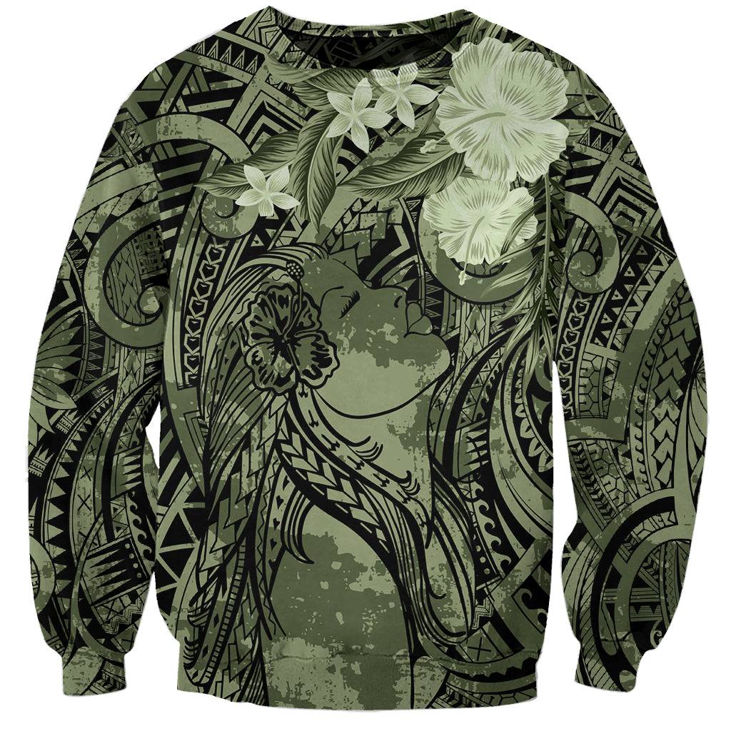 Pacific Beauty Girl Sweatshirt Green Polyneisan Tribal Vintage Motif