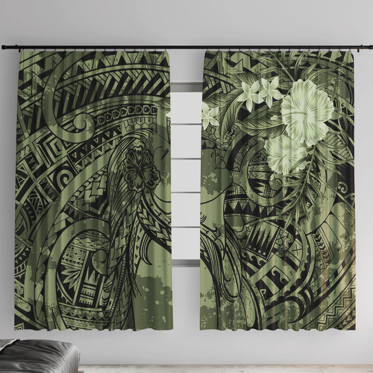 Pacific Beauty Girl Window Curtain Green Polyneisan Tribal Vintage Motif LT9 With Hooks Green - Polynesian Pride