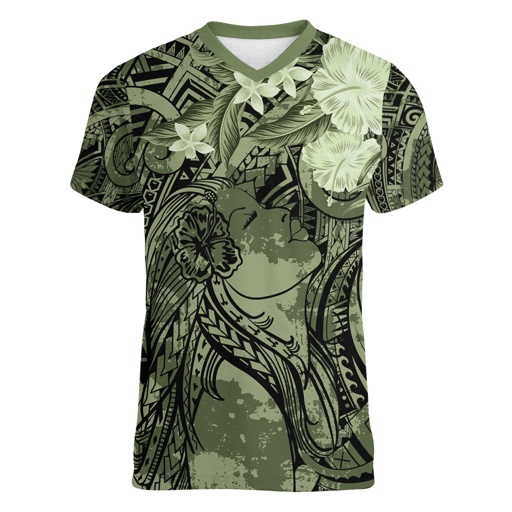 Pacific Beauty Girl Women V-Neck T-Shirt Green Polyneisan Tribal Vintage Motif